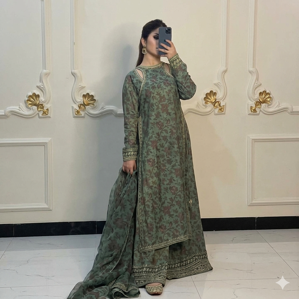 Olive Blossom Embroidered 3-Piece Luxury Sharara Set