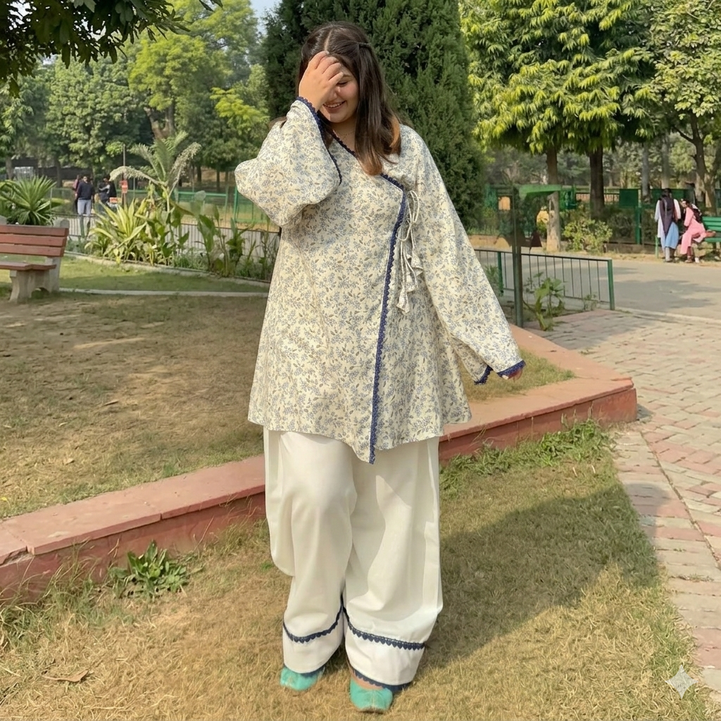 Pastel Ivory Floral Print Angrakha Co-Ord Set – Premium Summer Collection