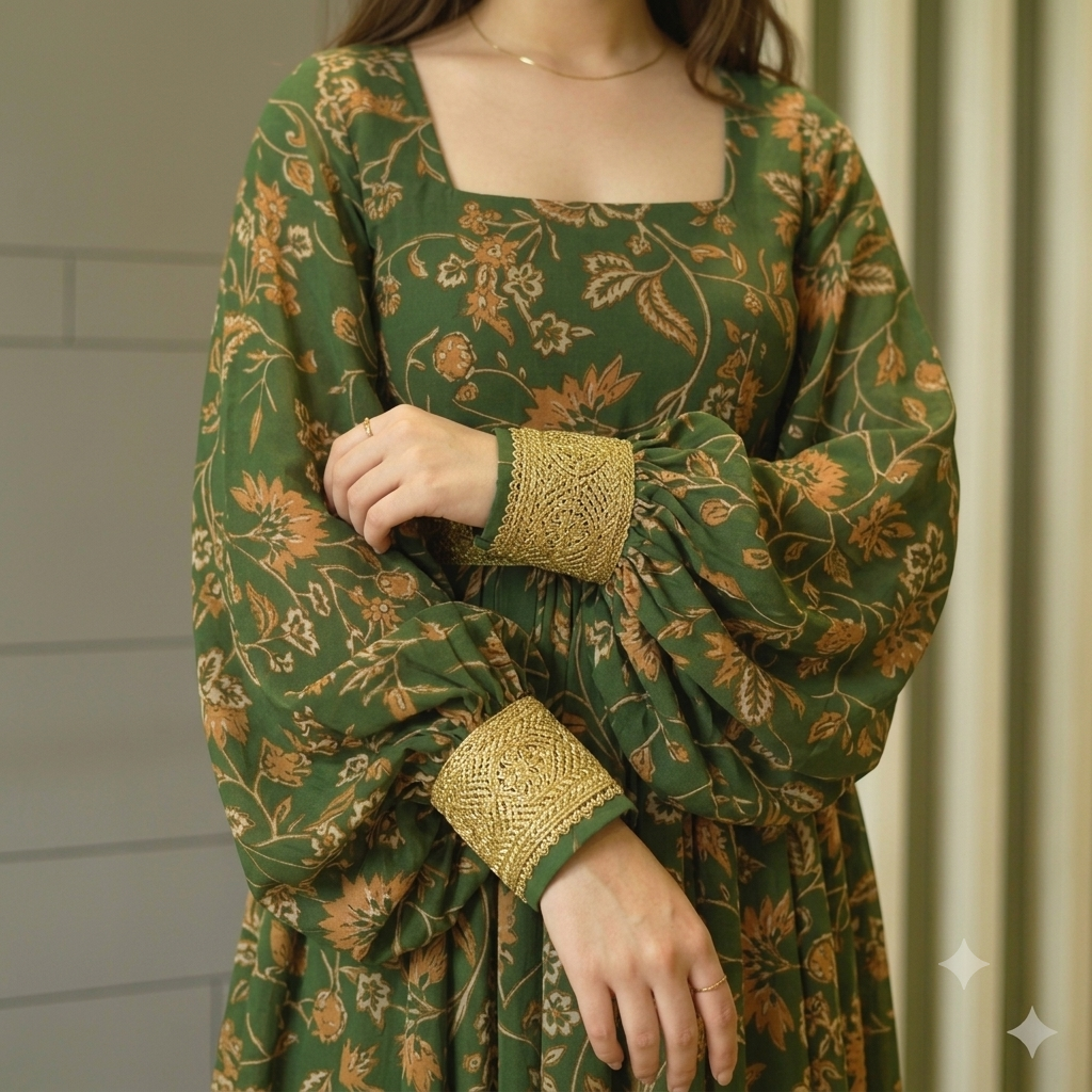 Forest Green Floral Floor-Length Maxi Gown with Dramatic Bell Sleeves