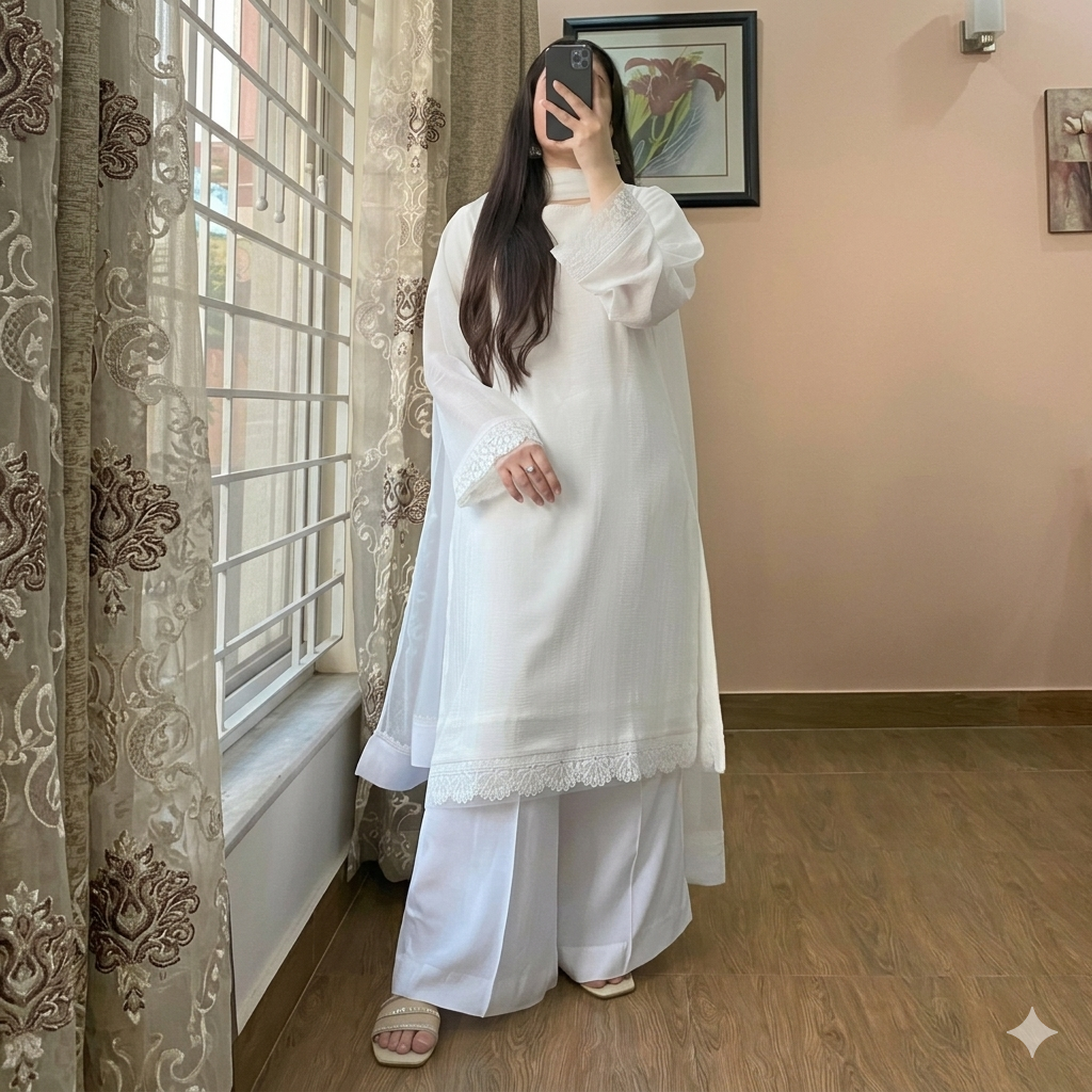 Cloud White Monochrome 3-Piece Lawn Suit with Premium Tonal Lace Borders
