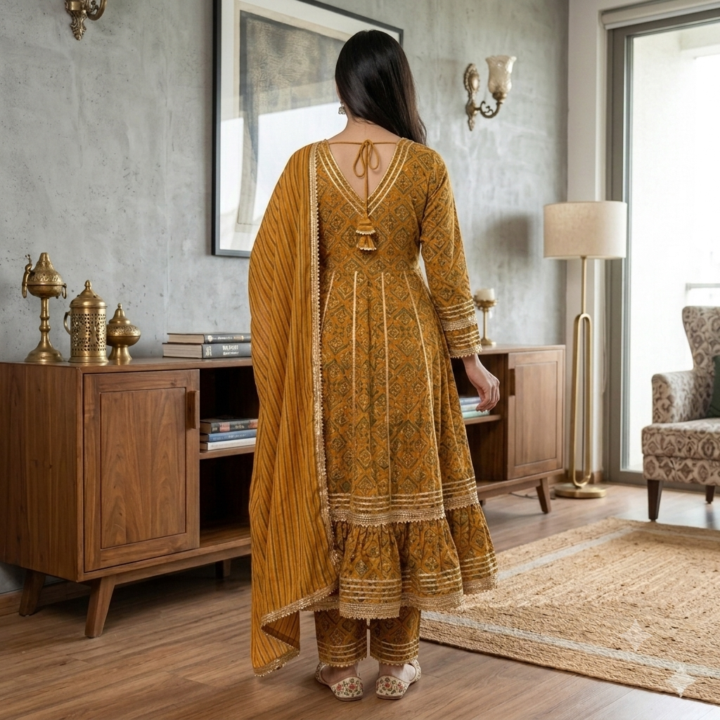 Mustard Ochre Tiered Festive Anarkali Suit with Luxury Gota Lace Borders
