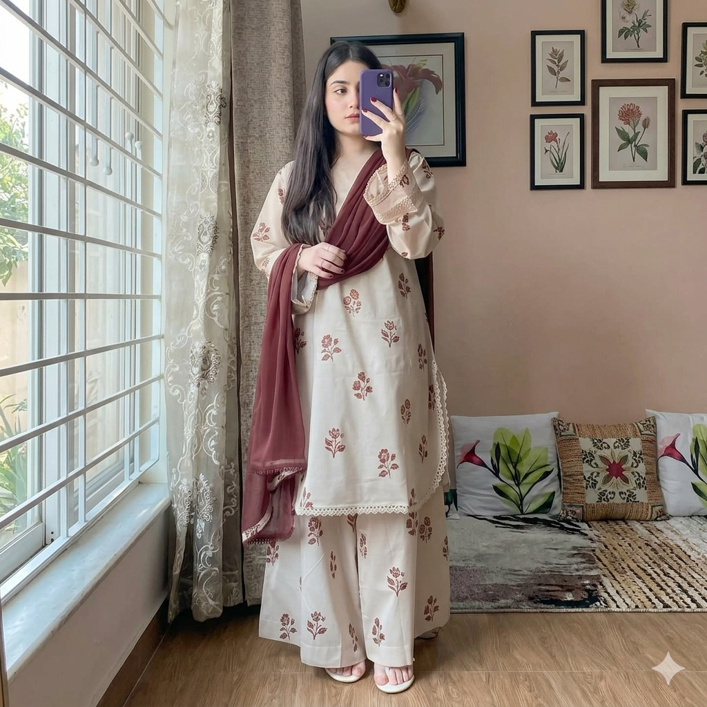 Cream Ivory Floral Block-Printed 3-Piece Lawn Suit with Maroon Chiffon Dupatta