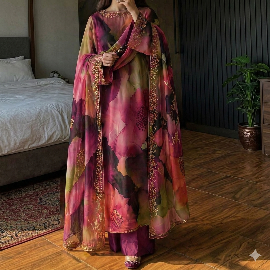 Plum & Magenta Abstract Floral Silk-Organza Anarkali Set with Shimmer Details