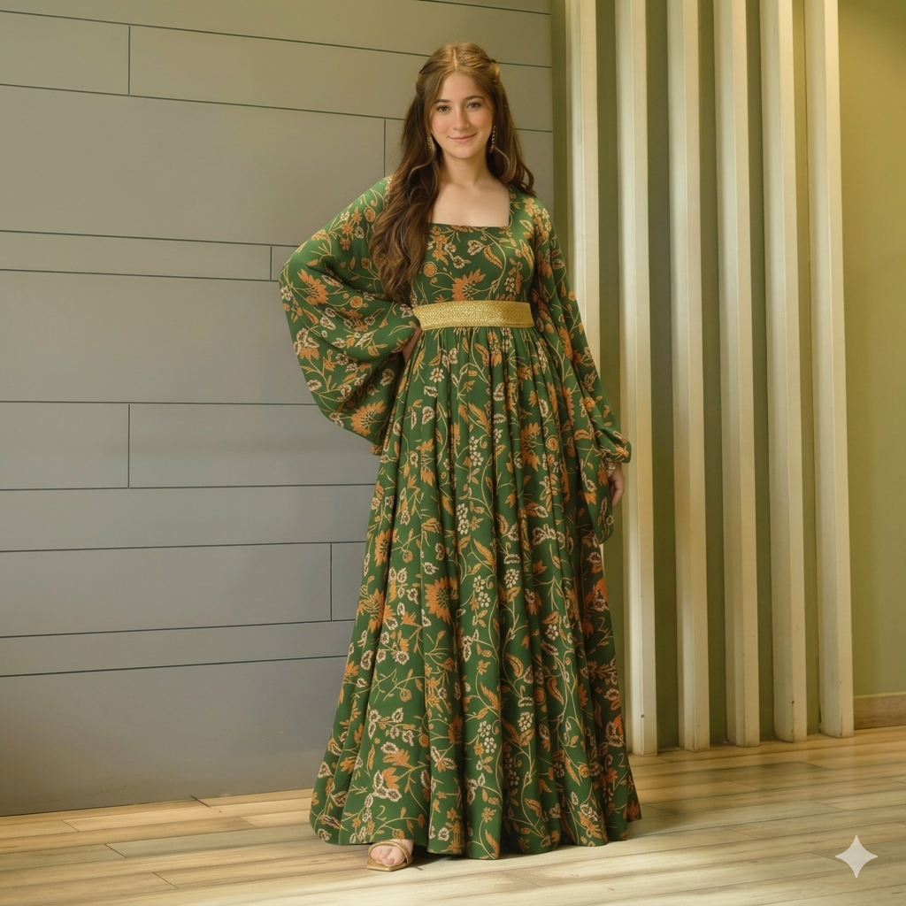Forest Green Floral Floor-Length Maxi Gown with Dramatic Bell Sleeves