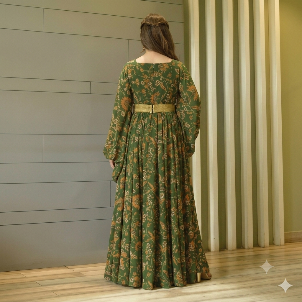 Forest Green Floral Floor-Length Maxi Gown with Dramatic Bell Sleeves