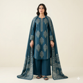 Slate Blue Elegant Tree Motif Kurta Set with Matching Printed Dupatta