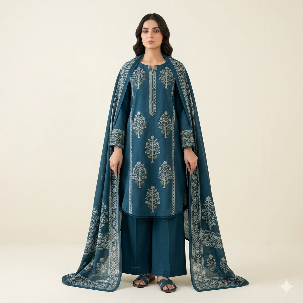 Slate Blue Elegant Tree Motif Kurta Set with Matching Printed Dupatta