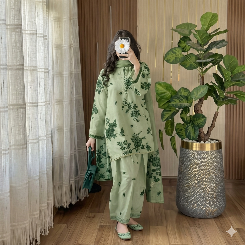 Pistachio Green Floral Embroidered 3-Piece Lawn Suit with Organza Border