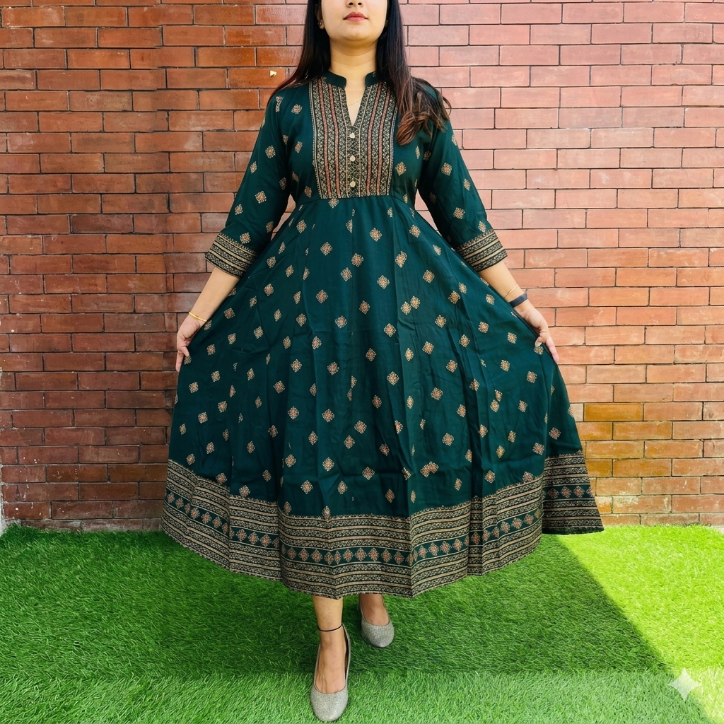 Deep Emerald Green Traditional Block-Print Flared Mid-Length Frock Dress