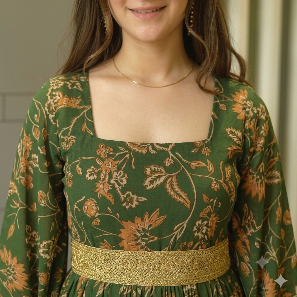 Forest Green Floral Floor-Length Maxi Gown with Dramatic Bell Sleeves