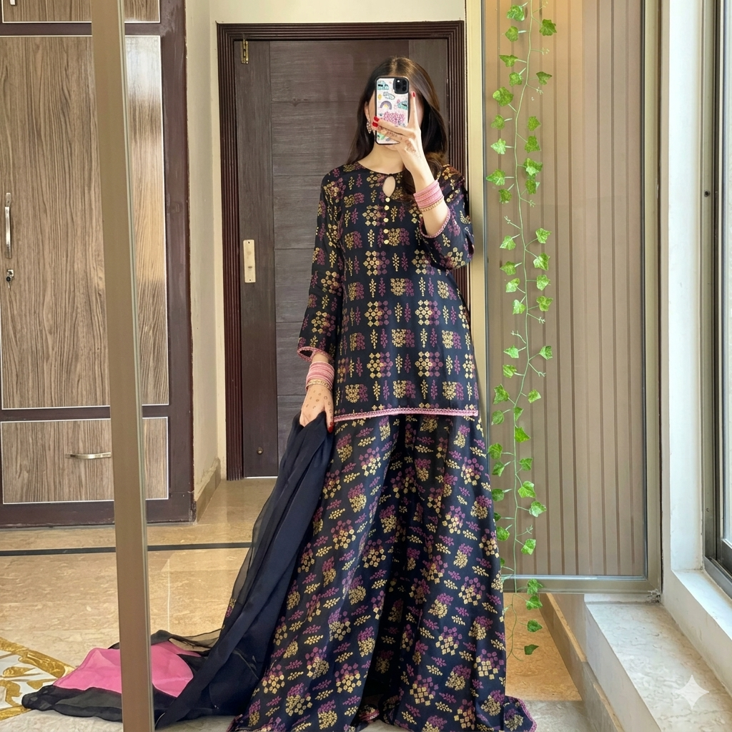 Midnight Black Block Print Sharara Set - 3-Piece Georgette Tunic with Extra Flared Gharara & Dual-Tone Border Dupatta