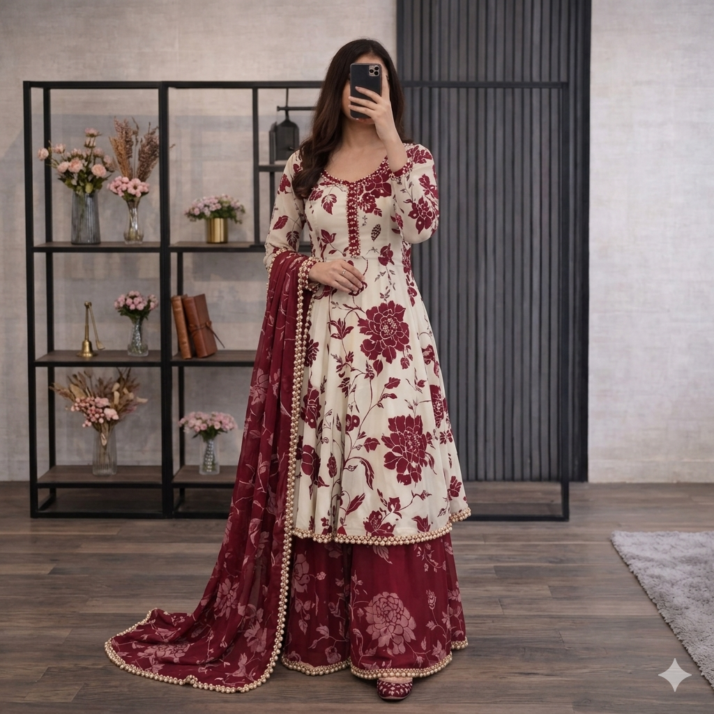 Ivory Ivory & Crimson Floral Print 3-Piece Anarkali Suit with Pearl Border Dupatta