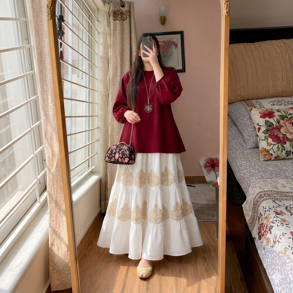Maroon Solid Blouse and White Tiered Maxi Skirt with Gold Block Print - 2 Piece Fusion Set