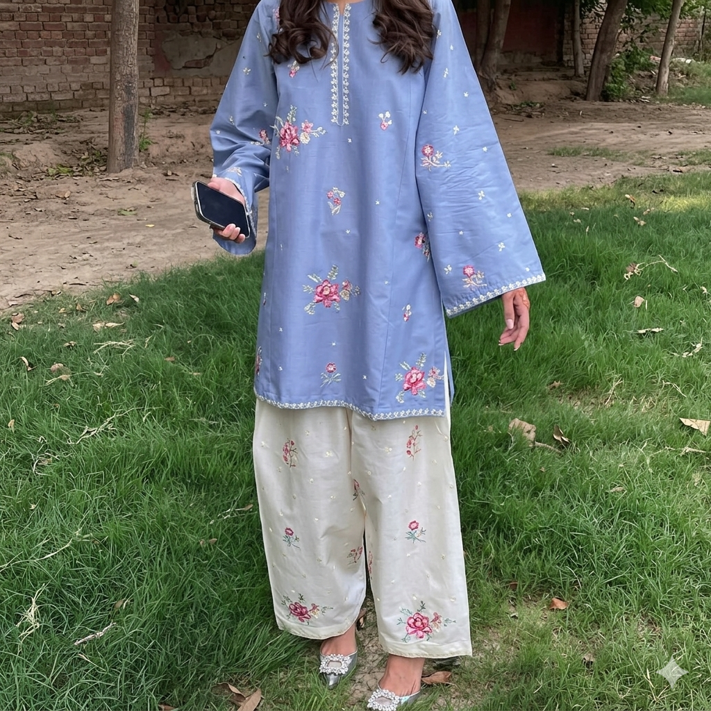 Daisy Mist Blue Embroidered Kurta & Flared Shalwar Set