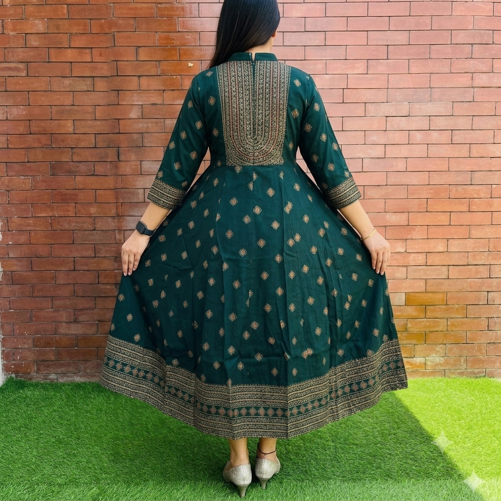 Deep Emerald Green Traditional Block-Print Flared Mid-Length Frock Dress