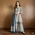 Cream & Indigo Blue Floral 3-Piece Printed Lawn Suit with Paisley Dupatta