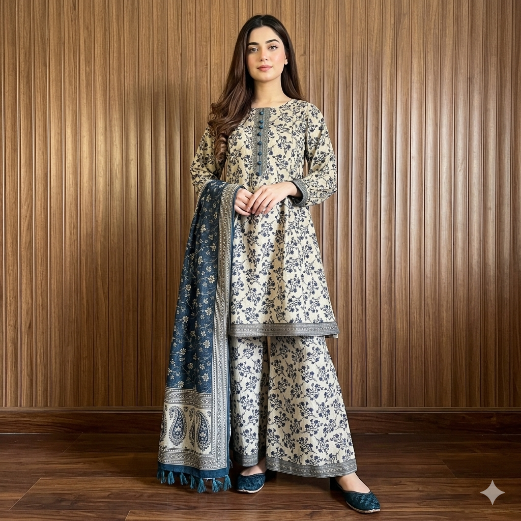 Cream & Indigo Blue Floral 3-Piece Printed Lawn Suit with Paisley Dupatta