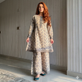 Cream & Charcoal Grey Floral 2-Piece Printed Lawn Frock Suit with Wide-Leg Trousers
