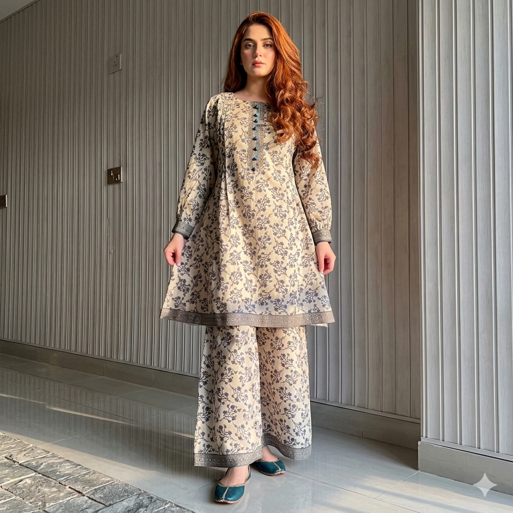 Cream & Charcoal Grey Floral 2-Piece Printed Lawn Frock Suit with Wide-Leg Trousers