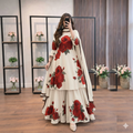off-white/cream 3-piece suit with bold red rose floral prints