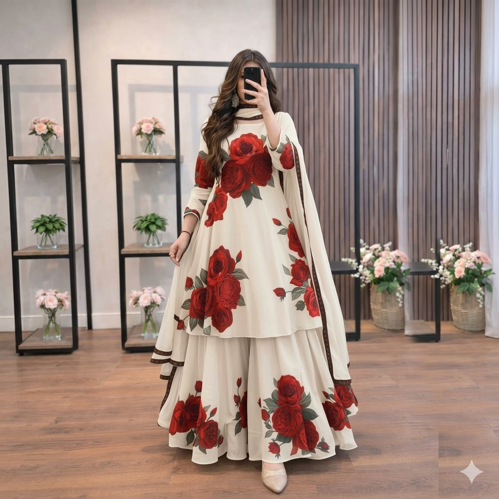 off-white/cream 3-piece suit with bold red rose floral prints