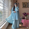 Powder Blue Lace-Trimmed Short Frock Suit – 3 Piece Cotton Co-Ord Set