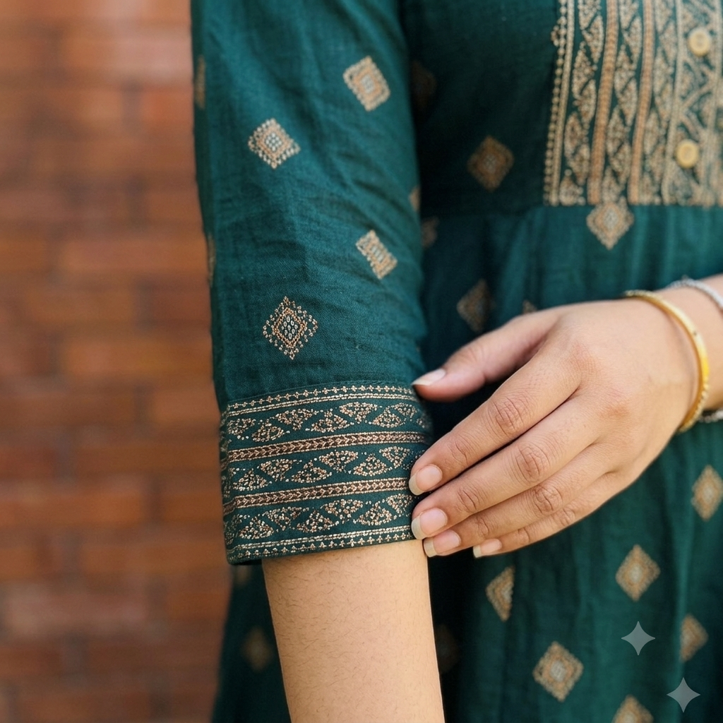 Deep Emerald Green Traditional Block-Print Flared Mid-Length Frock Dress