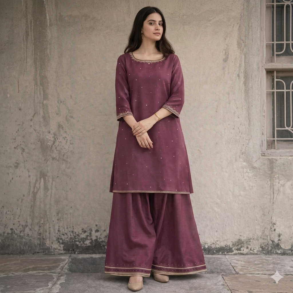 Zoya Plum Embroidered Raw Silk Co-Ord Set