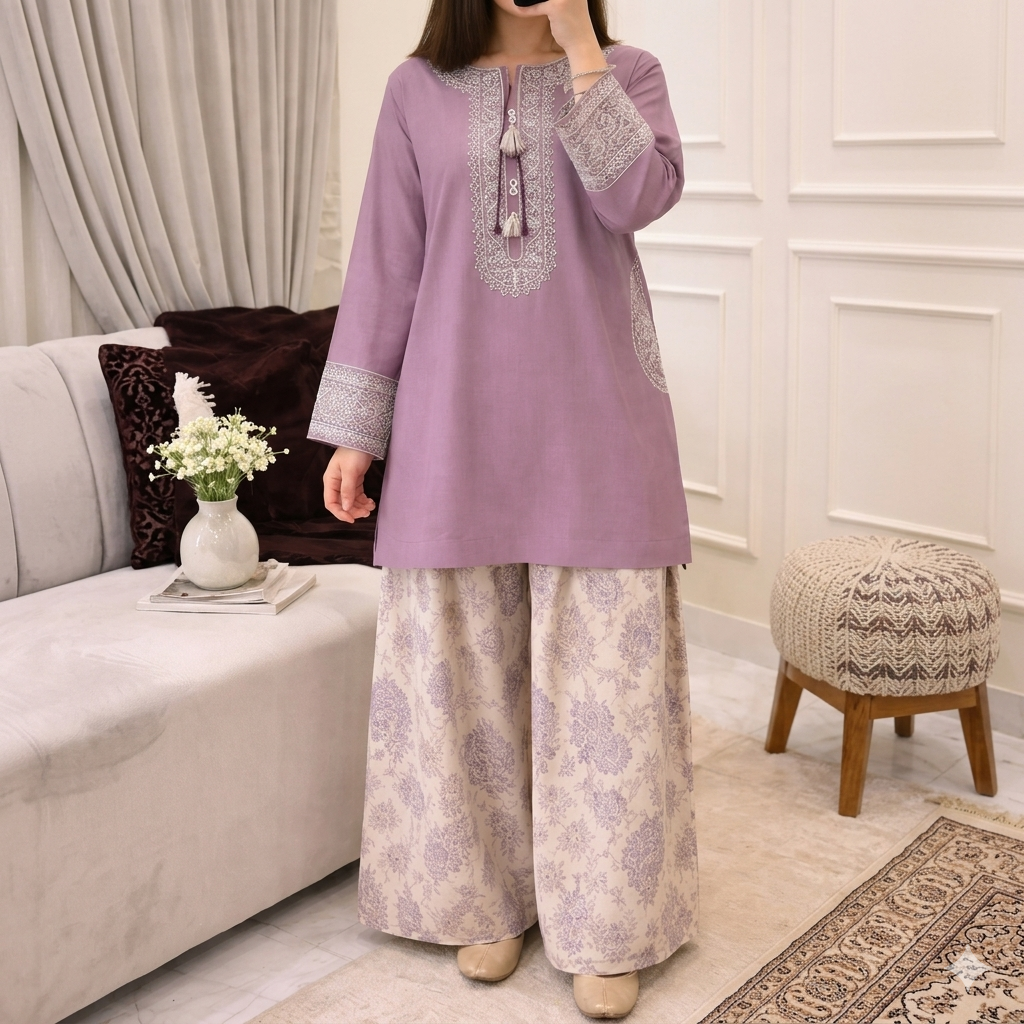 Soft Lilac Tasseled Kurti and Printed Palazzo Co-Ord Set