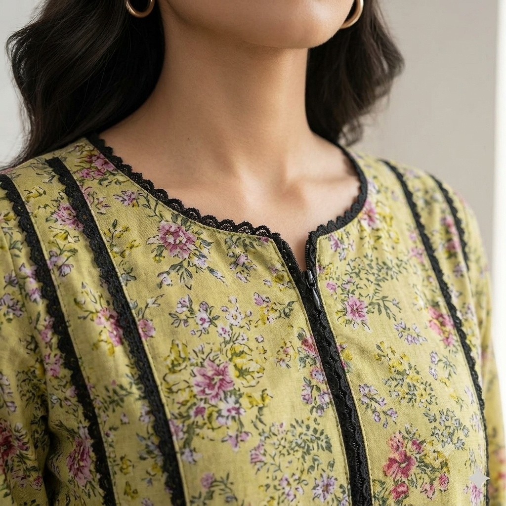 Lime Green Floral Print 2-Piece Co-Ord Set with Vertical Black Lace Panels
