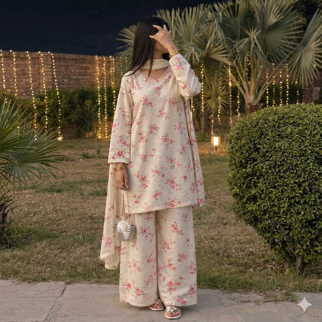 Blush Pink & Ivory Floral Co-Ord 3-Piece Set – Elegant Summer Collection