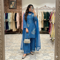 Royal Blue Grid Print Kurta Set with Botanical Embroidery Details