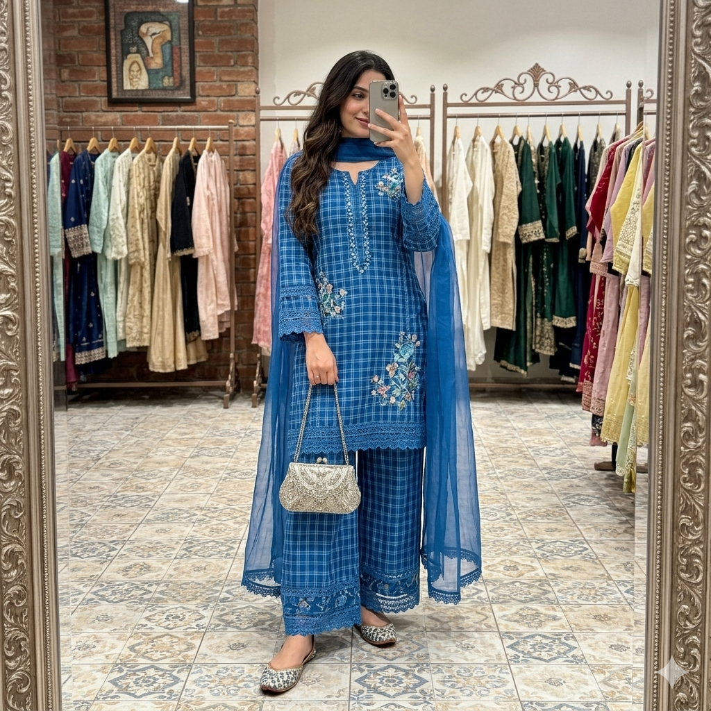 Royal Blue Grid Print Kurta Set with Botanical Embroidery Details