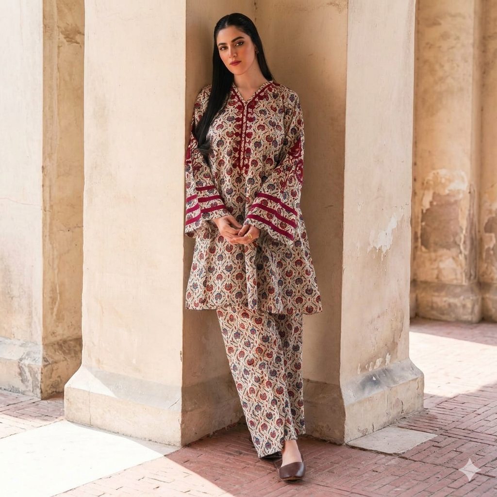 Crimson Maroon & Cream Ajrakh-Inspired Printed 2-Piece Kurti & Trouser Set