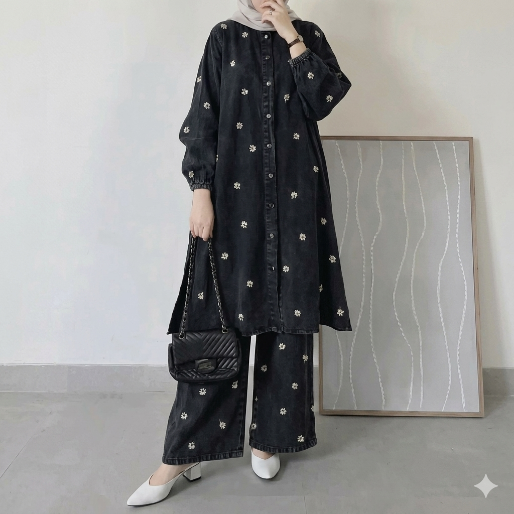 Vintage Black Floral Embroidered Denim Co-Ord Set – Modest Long Tunic & Trousers