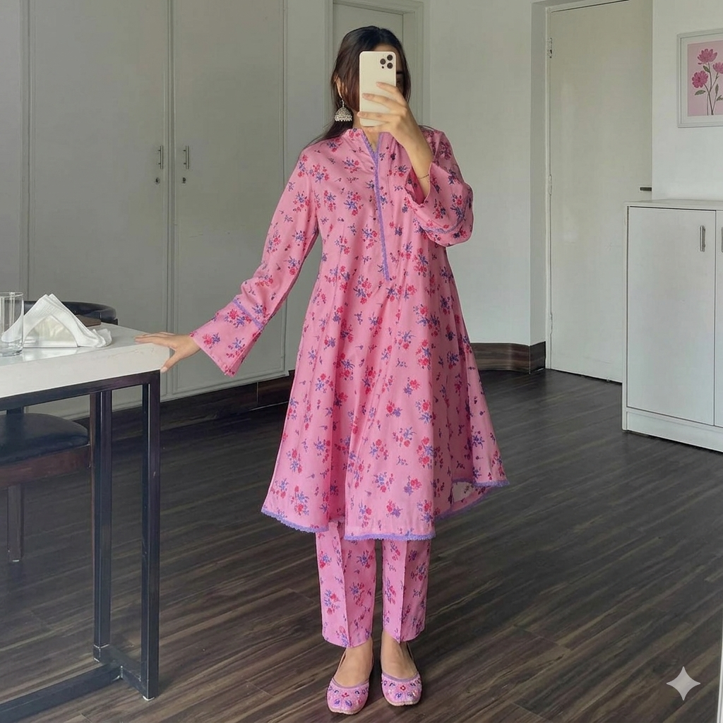 Blush Pink Floral A-Line Peplum Kurti & Trouser Co-Ord Set