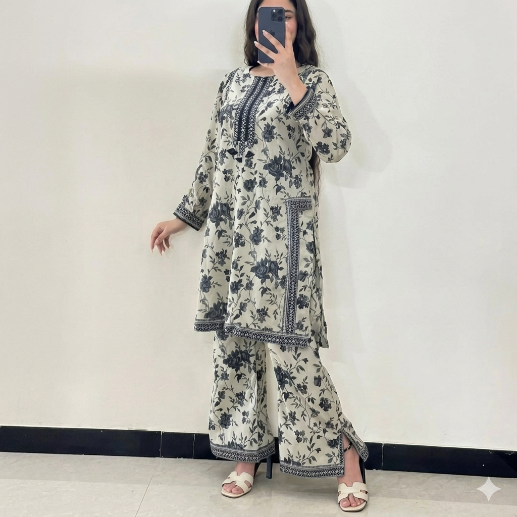 Vintage Rose Black & Cream Matching Printed Kurta Palazzo Set