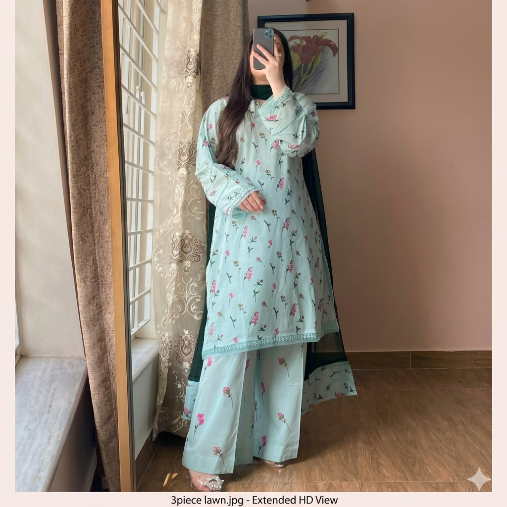 Elegant Pastel Mint 3-Piece Printed Lawn Suit with Dupatta