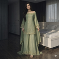 Olive Mint Glitz Evening Dress with Flared Palazzo & Sheer Slit Sleeves