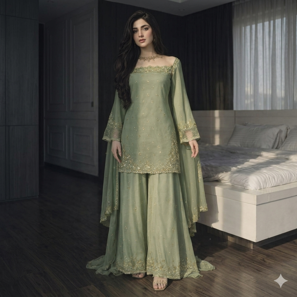 Olive Mint Glitz Evening Dress with Flared Palazzo & Sheer Slit Sleeves