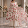 Ivory Romance Rose-Print Flared Peshwas with Wide Cream Palazzo