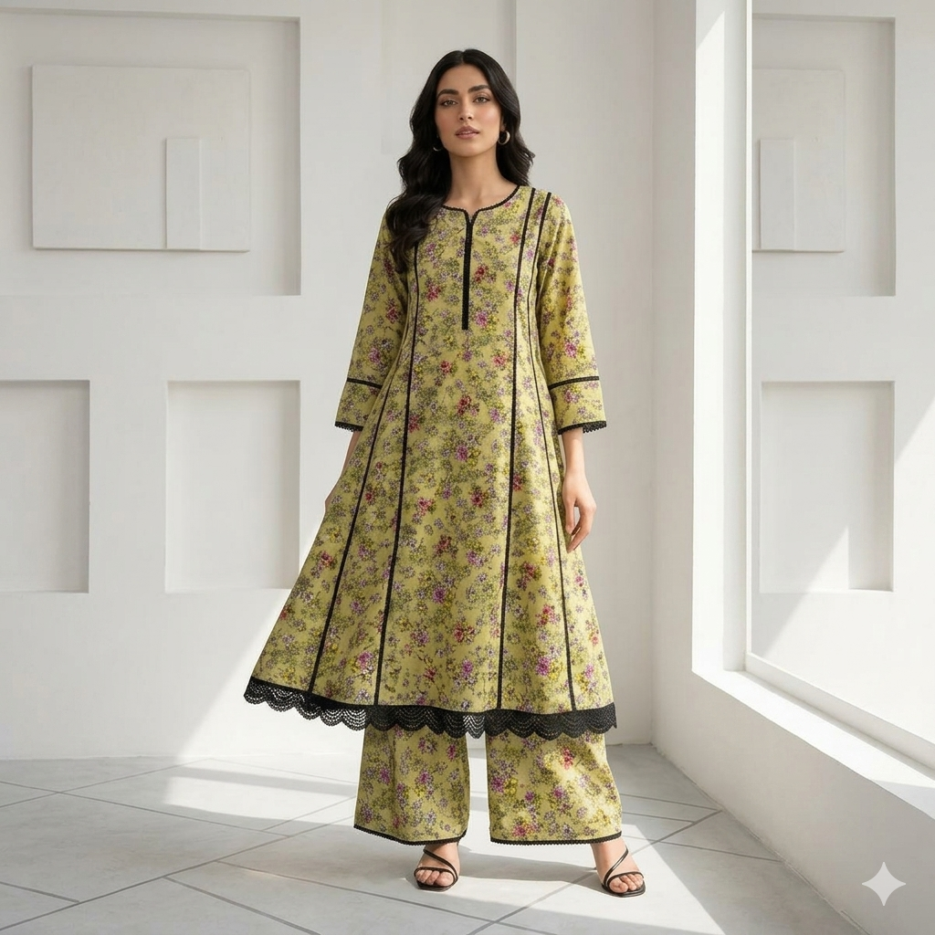 Lime Green Floral Print 2-Piece Co-Ord Set with Vertical Black Lace Panels