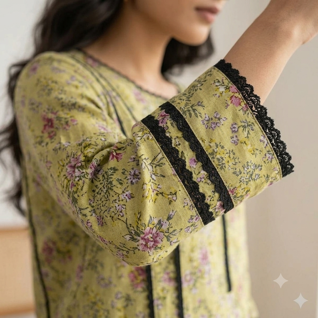 Lime Green Floral Print 2-Piece Co-Ord Set with Vertical Black Lace Panels