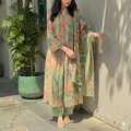 Pastel Olive Green Floral Printed 3-Piece Lawn Frock Suit with Embellished Neckline