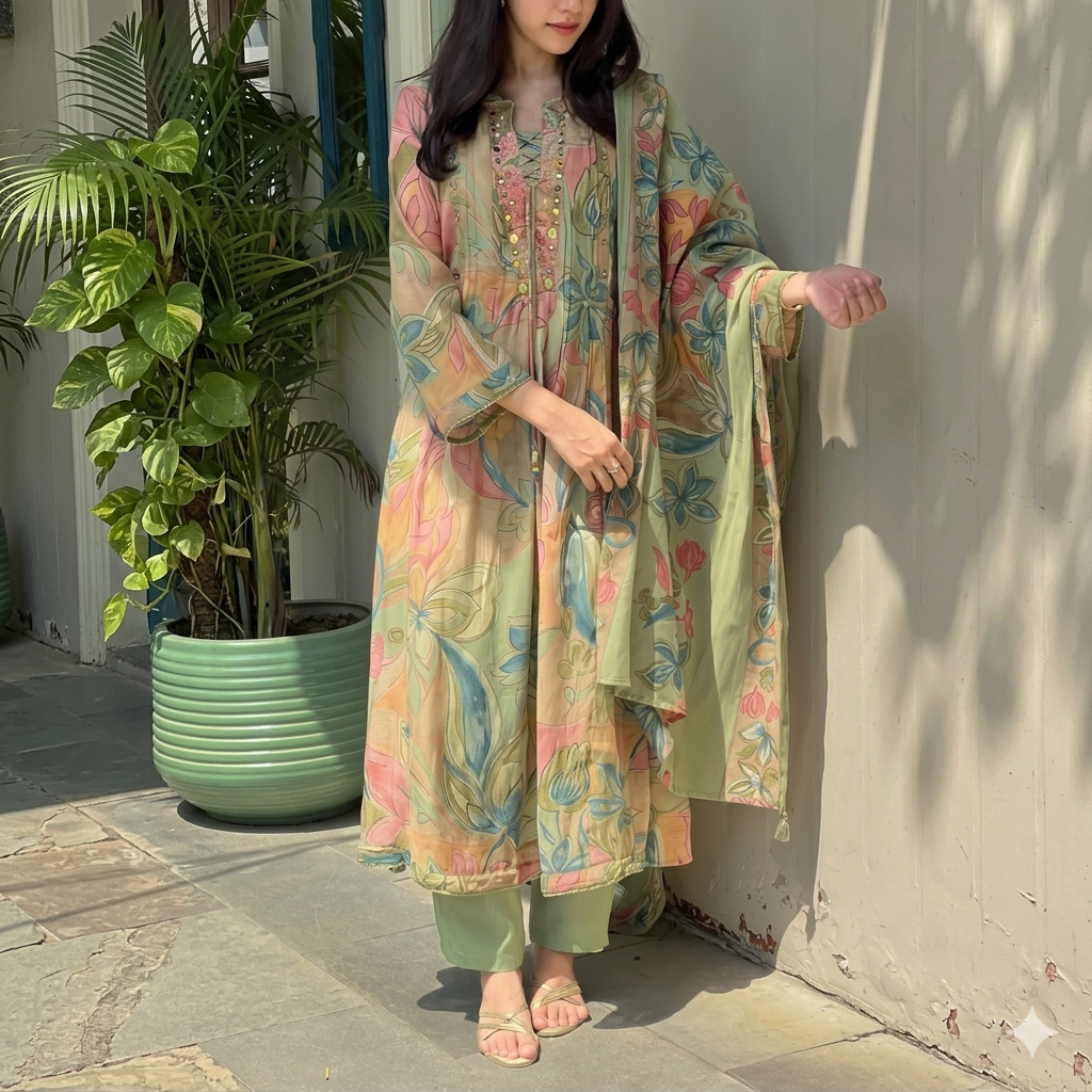 Pastel Olive Green Floral Printed 3-Piece Lawn Frock Suit with Embellished Neckline