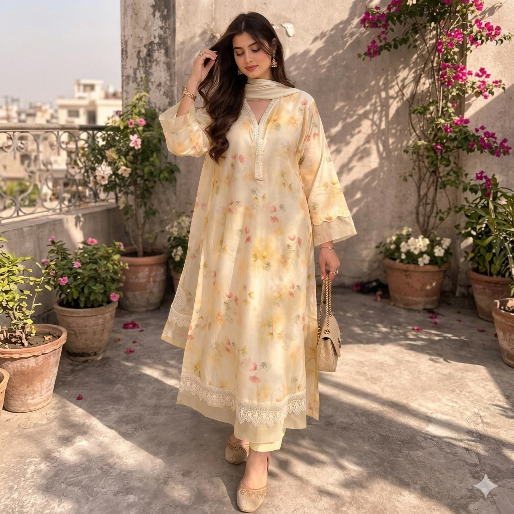 Pastel Buttercream Floral Printed Organza Luxury Suit - 3-Piece Long Flared Tunic with Schiffli Lace Borders & Slim Trousers