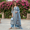 Powder Blue Ethnic Block-Print Long Frock with Wide-Leg Trousers