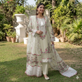 Sage Cream Premium Embroidered Intricate Kurta Set with Silver Borders