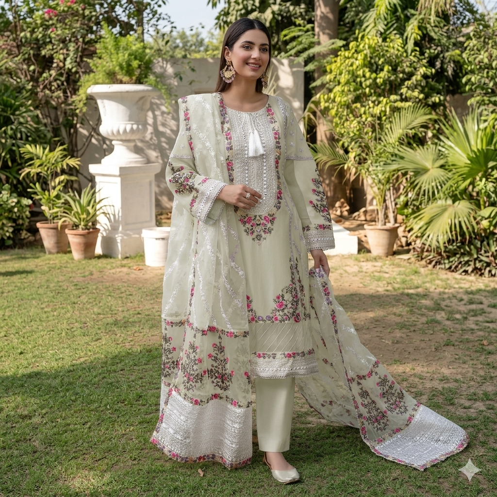Sage Cream Premium Embroidered Intricate Kurta Set with Silver Borders