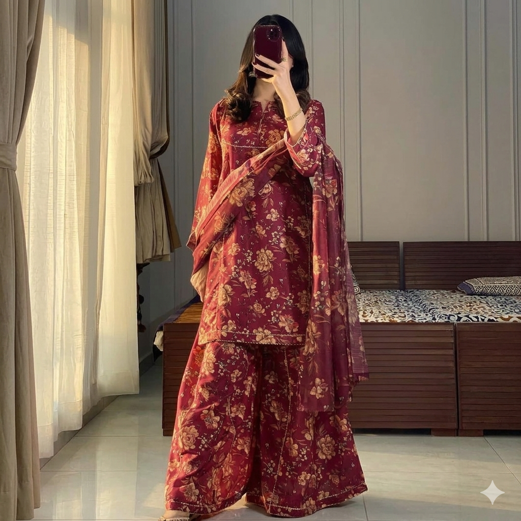 Elegant Maroon Floral Lawn 3 Piece Suit for Women | Casual & Festive Wear